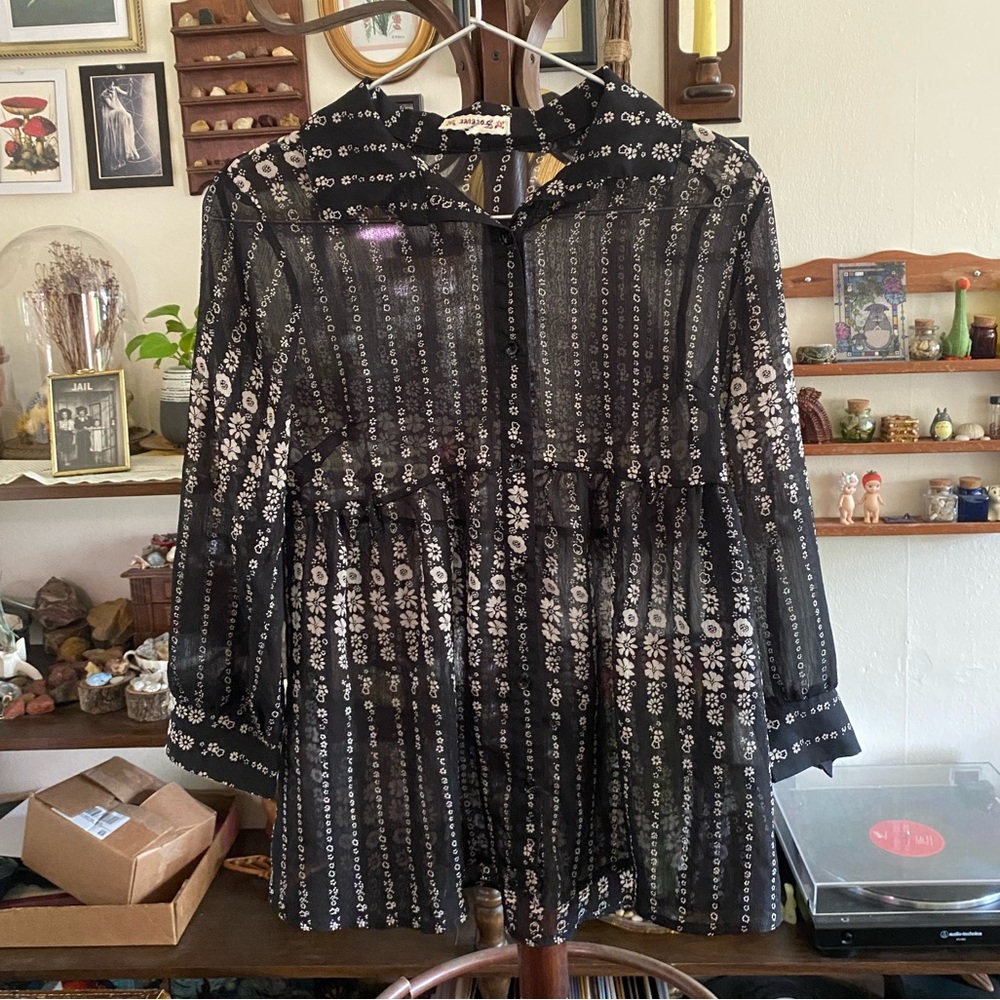 flower mesh see through blouse